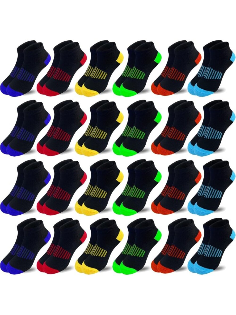 24 Pairs Ankle Athletic Socks - Cotton, Half Cushioned, Low Cut, Comfortable Fit